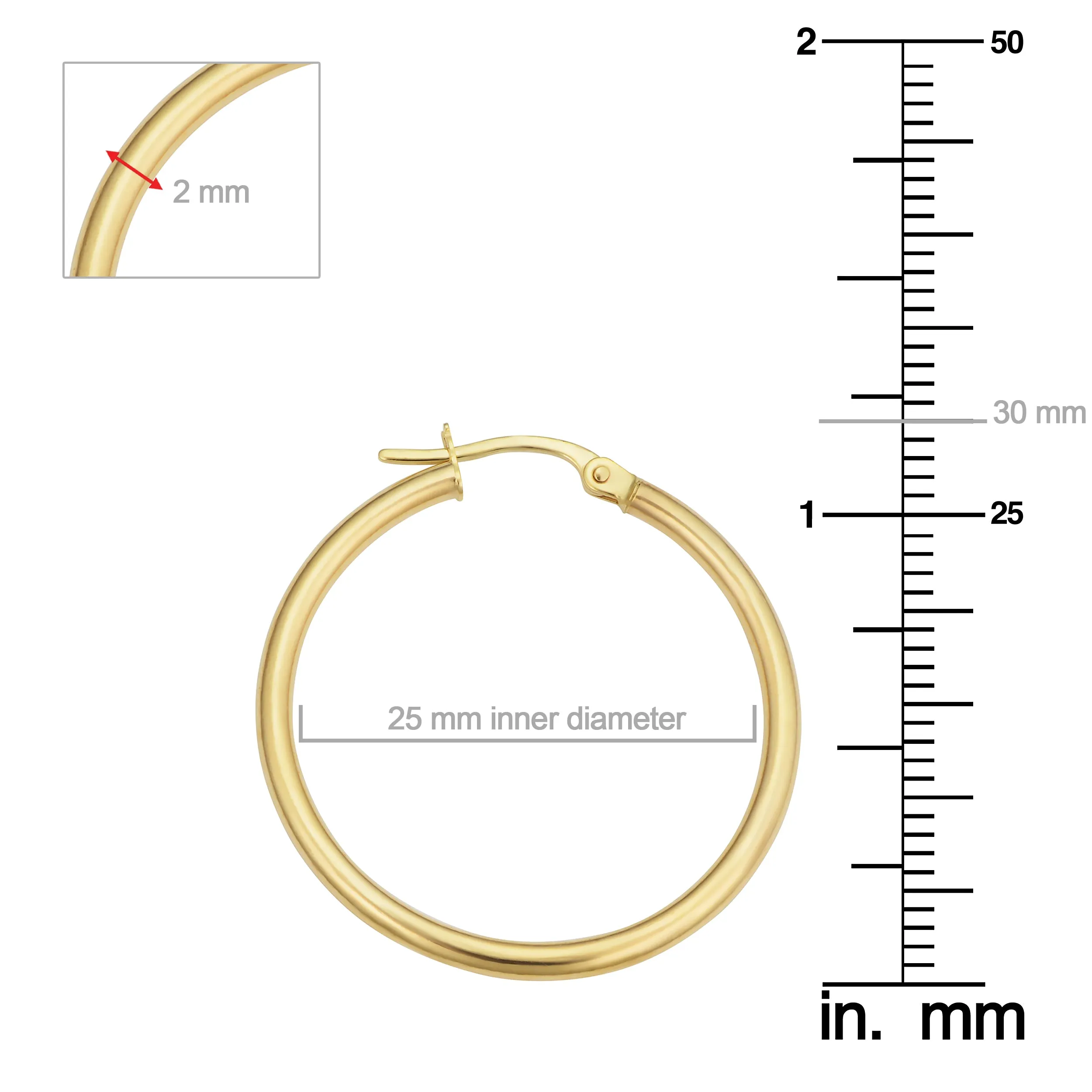 14k Yellow Gold Hoop Earrings (2x25 mm)