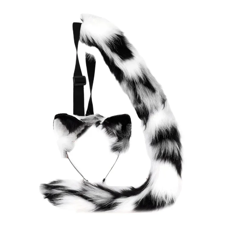 2pcs Cat Ears and Wolf Fox Animal Tail Cosplay Costume Faux Fur Hair Clip Headdress Halloween Birthday Party Plush Set