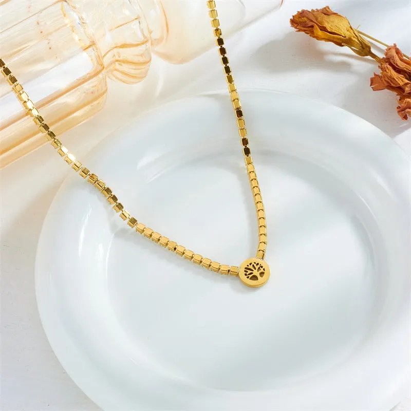 316L Stainless Steel Circular Tree Charm Necklace Bracelet For Women