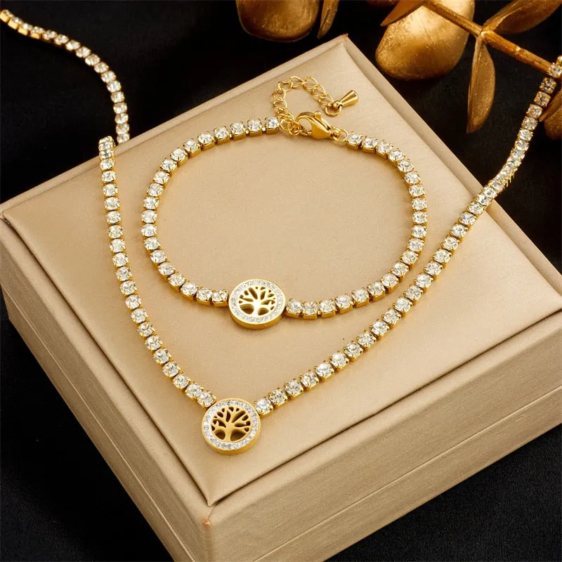 316L Stainless Steel Circular Tree Charm Necklace Bracelet For Women