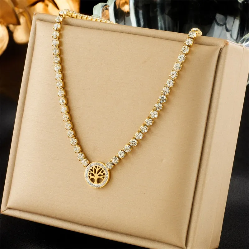 316L Stainless Steel Circular Tree Charm Necklace Bracelet For Women
