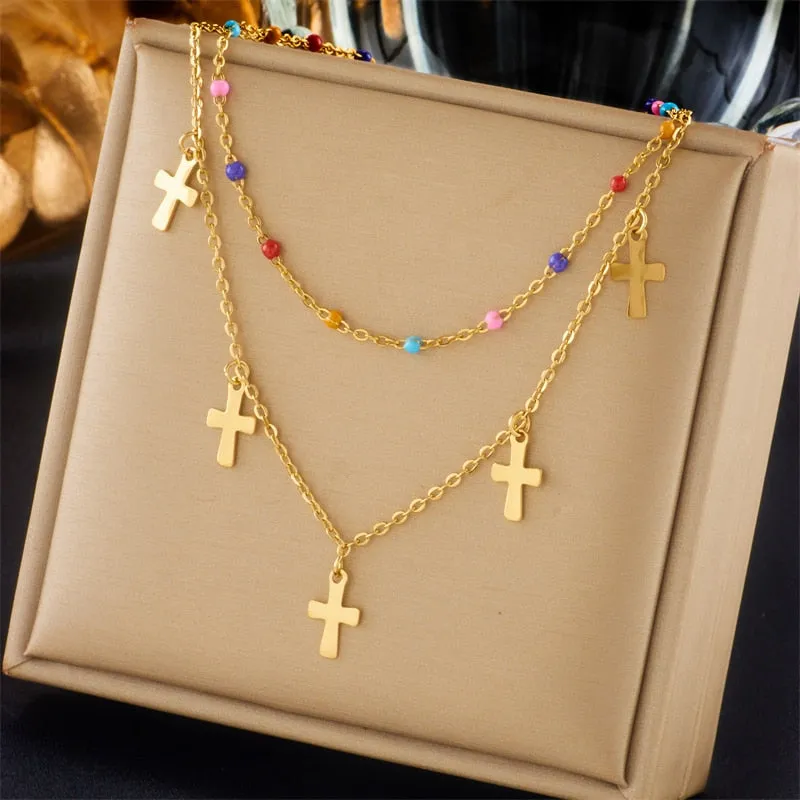 316L Stainless Steel Colorful Beads Cross Charm Necklace Bracelets For Women