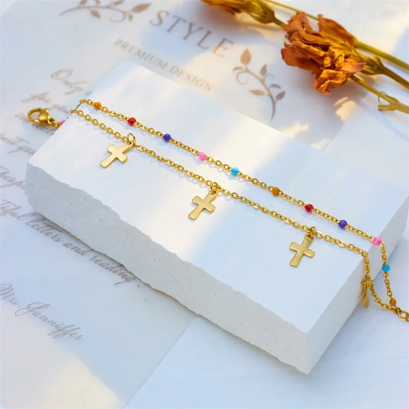 316L Stainless Steel Colorful Beads Cross Charm Necklace Bracelets For Women