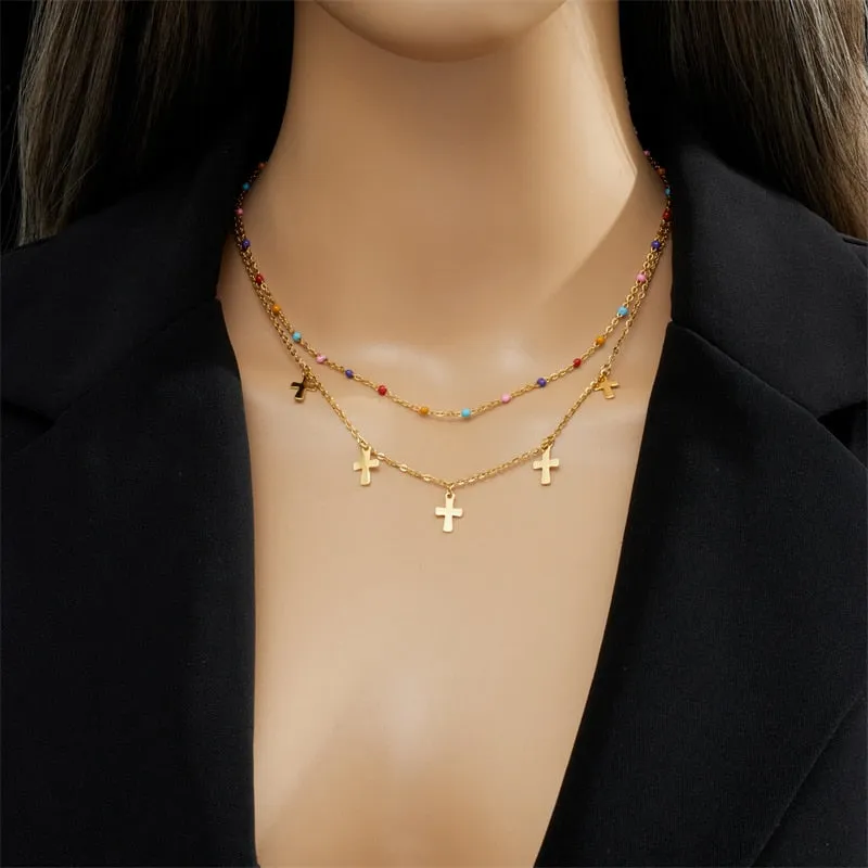 316L Stainless Steel Colorful Beads Cross Charm Necklace Bracelets For Women