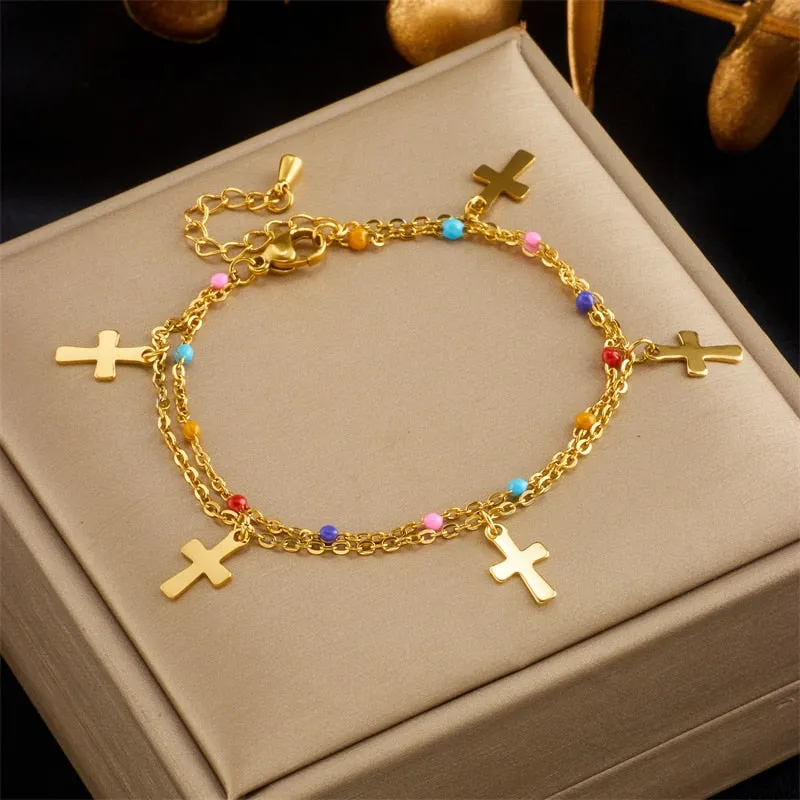 316L Stainless Steel Colorful Beads Cross Charm Necklace Bracelets For Women