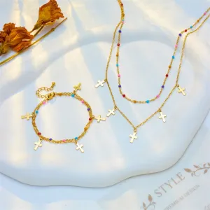 316L Stainless Steel Colorful Beads Cross Charm Necklace Bracelets For Women
