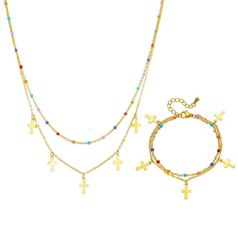 316L Stainless Steel Colorful Beads Cross Charm Necklace Bracelets For Women