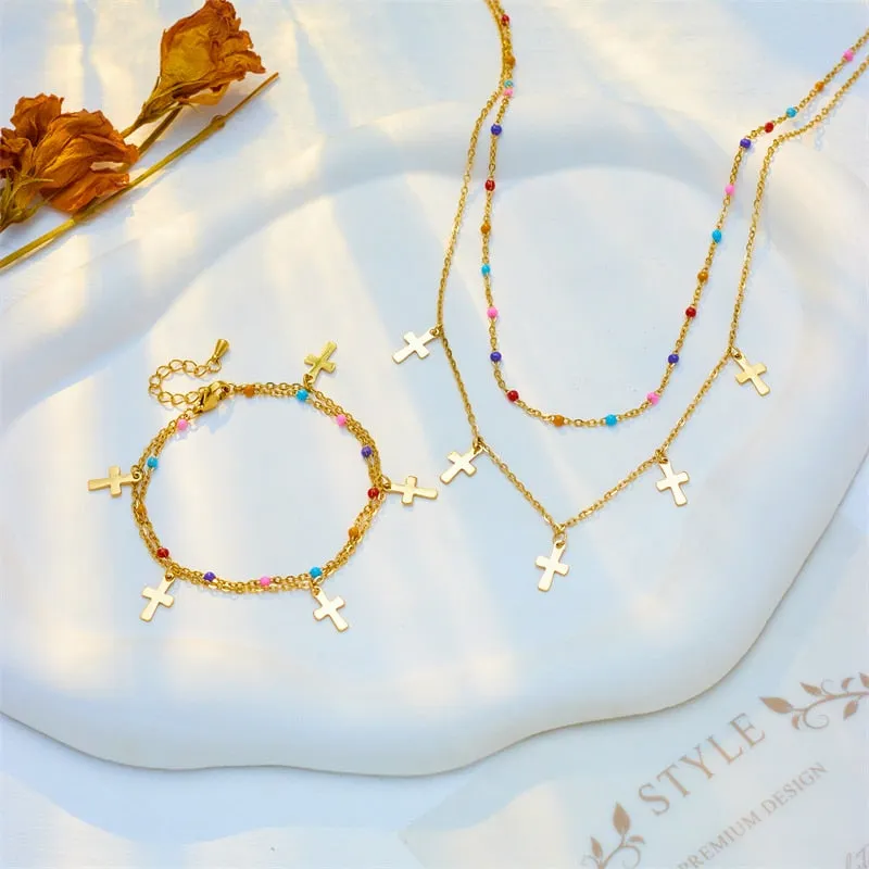 316L Stainless Steel Colorful Beads Cross Charm Necklace Bracelets For Women