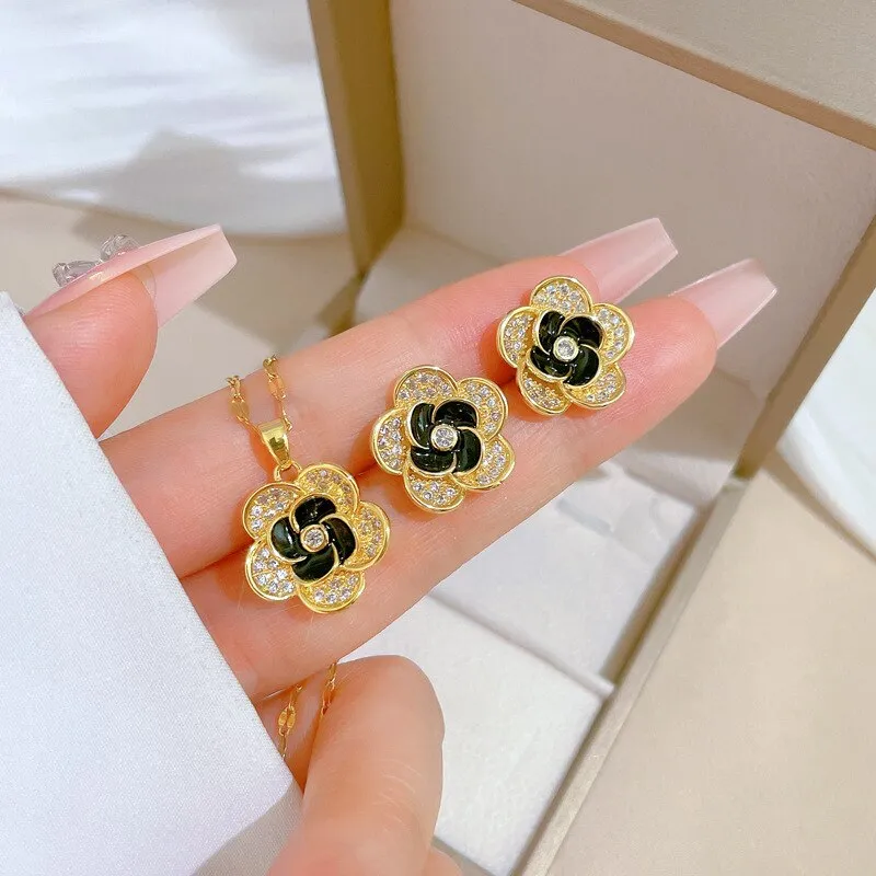 316L Stainless Steel Lovely Flowers Pendant Necklace Earrings For Women