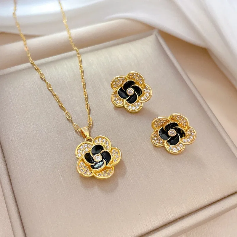 316L Stainless Steel Lovely Flowers Pendant Necklace Earrings For Women