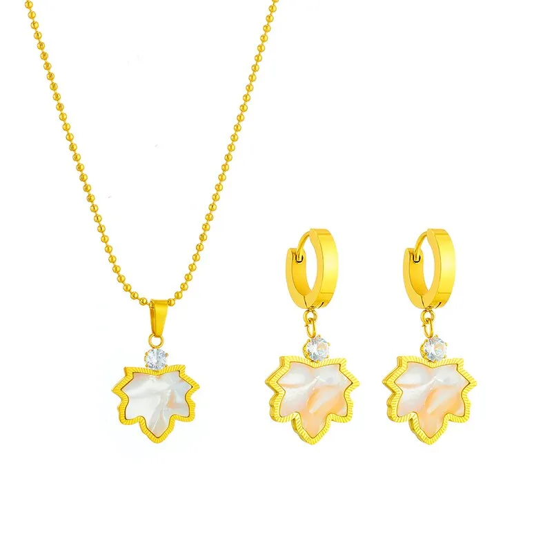 316L Stainless Steel Maple Leaf Zircon Pendant Necklace Earrings For Women