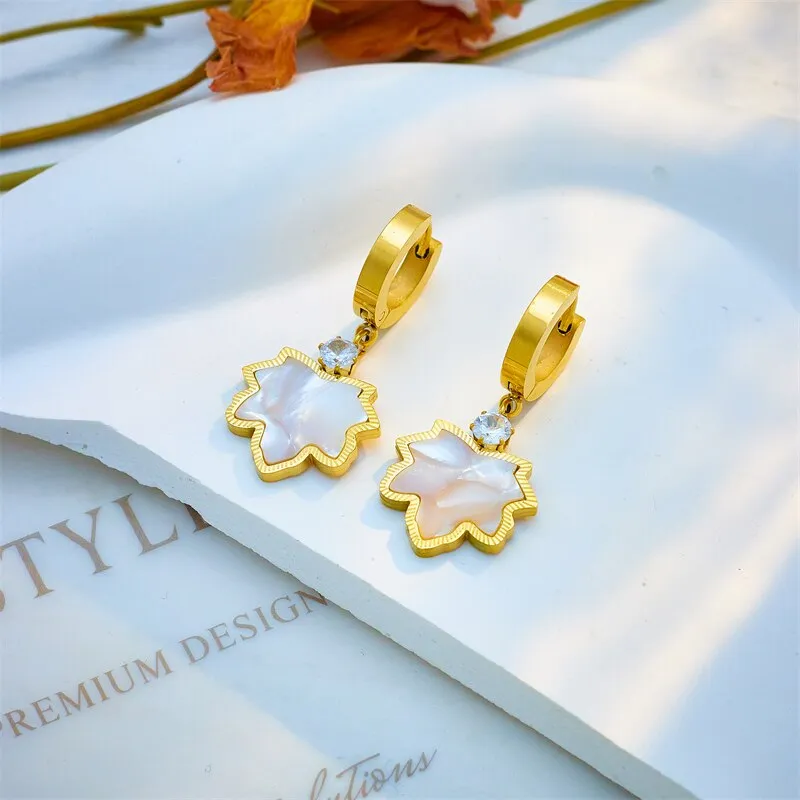 316L Stainless Steel Maple Leaf Zircon Pendant Necklace Earrings For Women