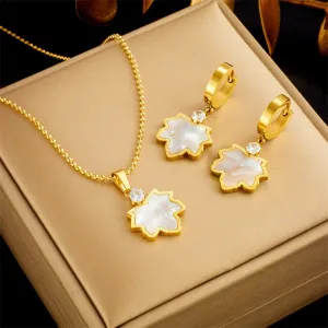 316L Stainless Steel Maple Leaf Zircon Pendant Necklace Earrings For Women