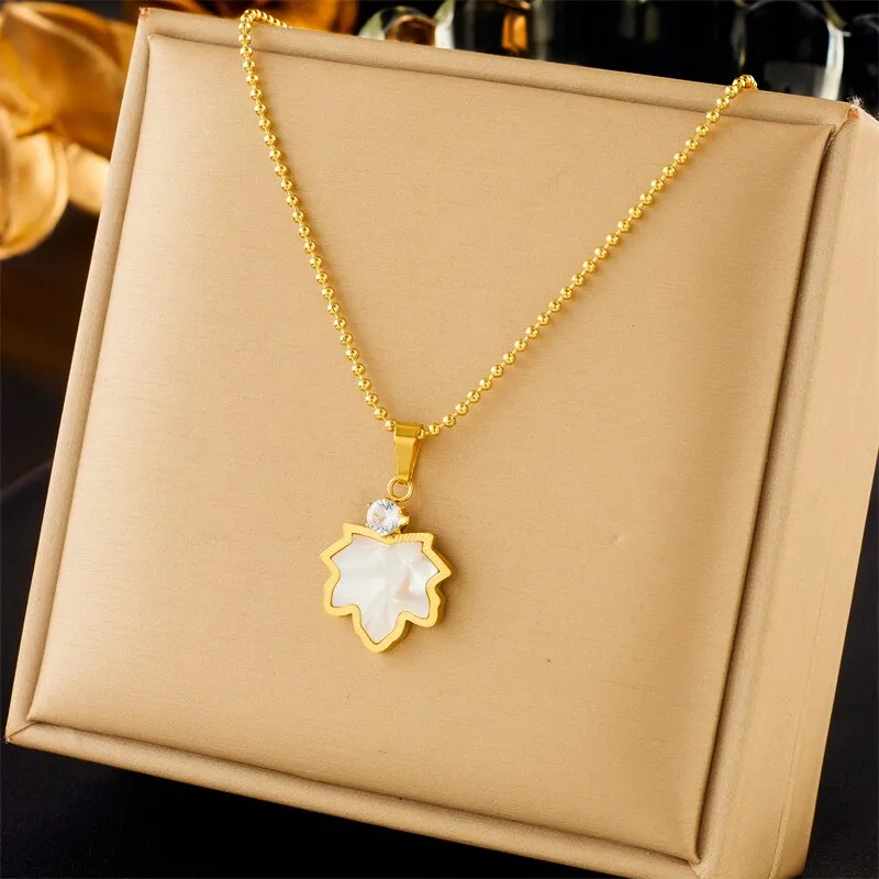 316L Stainless Steel Maple Leaf Zircon Pendant Necklace Earrings For Women