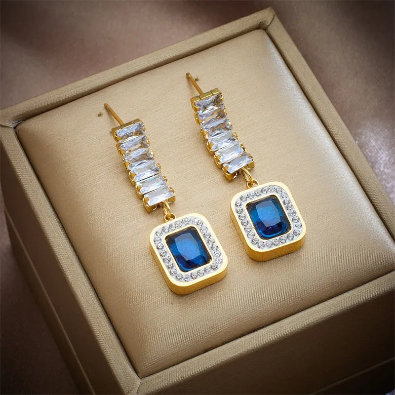 316L Stainless Steel Square Blue Zircon Charm Necklace Earrings For Women