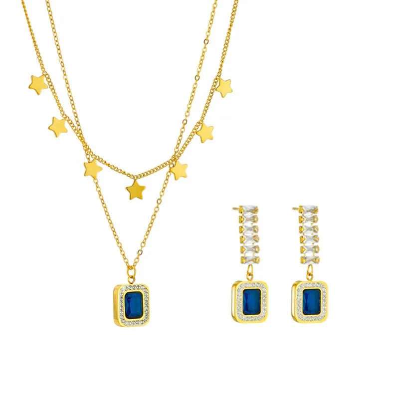 316L Stainless Steel Square Blue Zircon Charm Necklace Earrings For Women