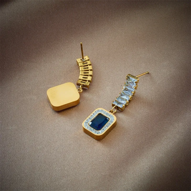 316L Stainless Steel Square Blue Zircon Charm Necklace Earrings For Women