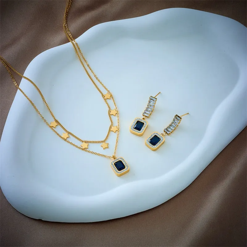 316L Stainless Steel Square Blue Zircon Charm Necklace Earrings For Women