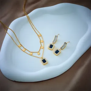 316L Stainless Steel Square Blue Zircon Charm Necklace Earrings For Women