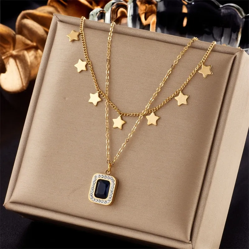 316L Stainless Steel Square Blue Zircon Charm Necklace Earrings For Women