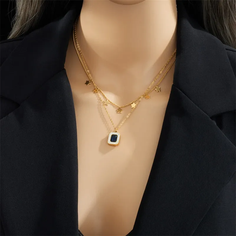 316L Stainless Steel Square Blue Zircon Charm Necklace Earrings For Women