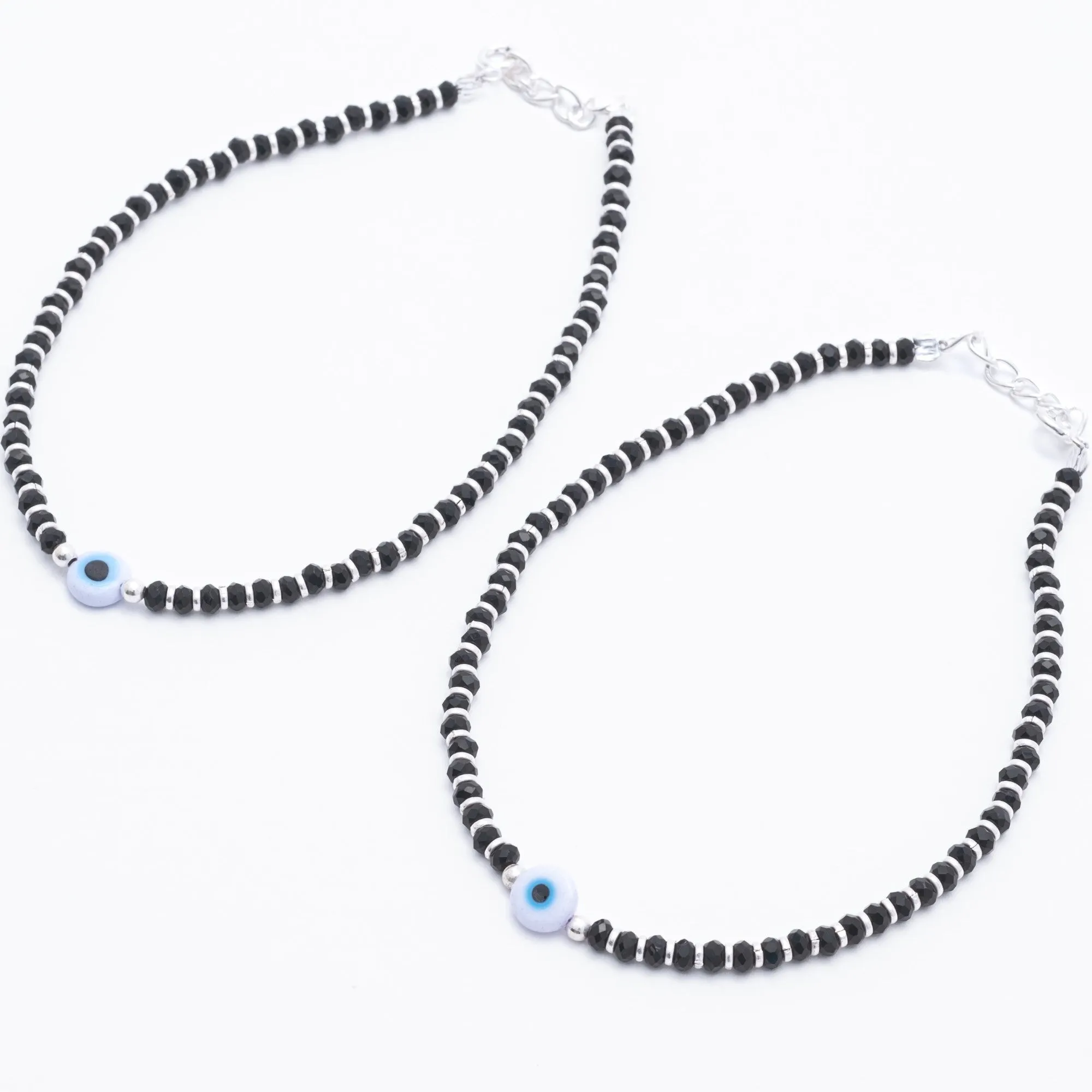 4.Evil Eye Black Beads Silver Anklets for Women