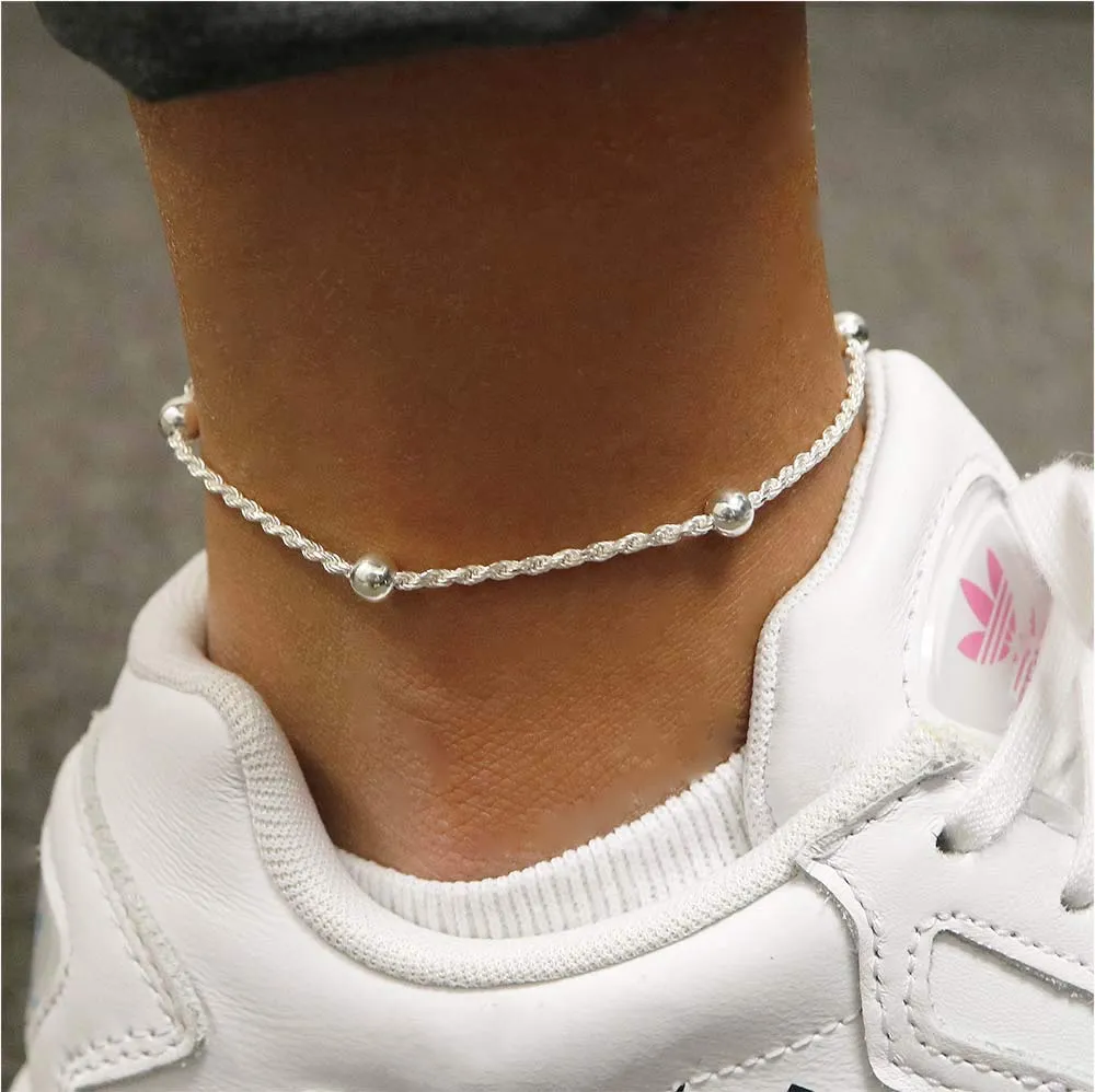 925 Sterling Silver Anklets For Women, Ankle Bracelets for Women, Basic Chain Link Anklets For Women, Girls Anklets, Beach Anklets, Bead Anklet, Summer Jewelry, 10 Inch Anklet ROPE/5MM Bead