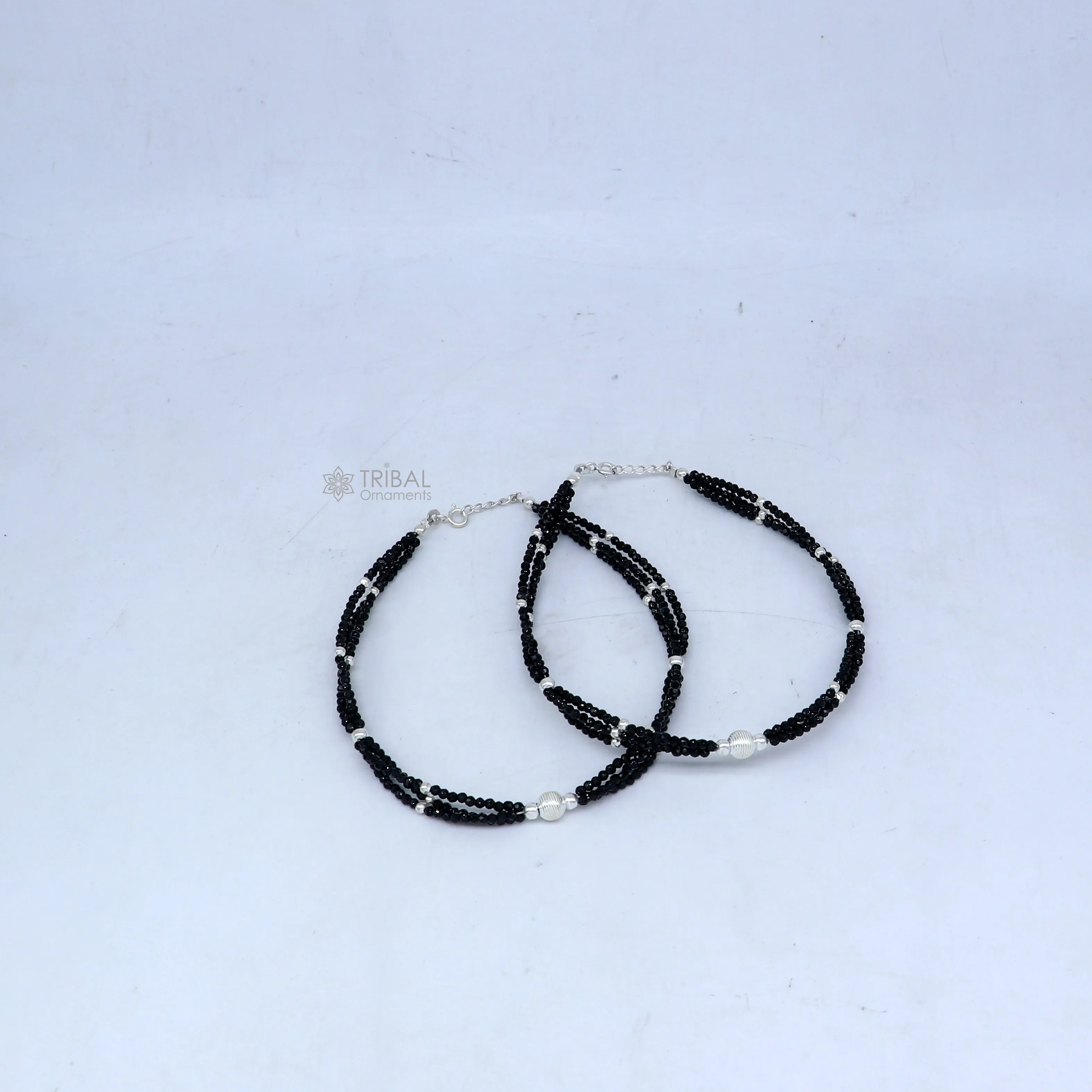 925 sterling silver double chain black beaded anklet bracelet amazing light weight delicate anklets silver jewelry ank655