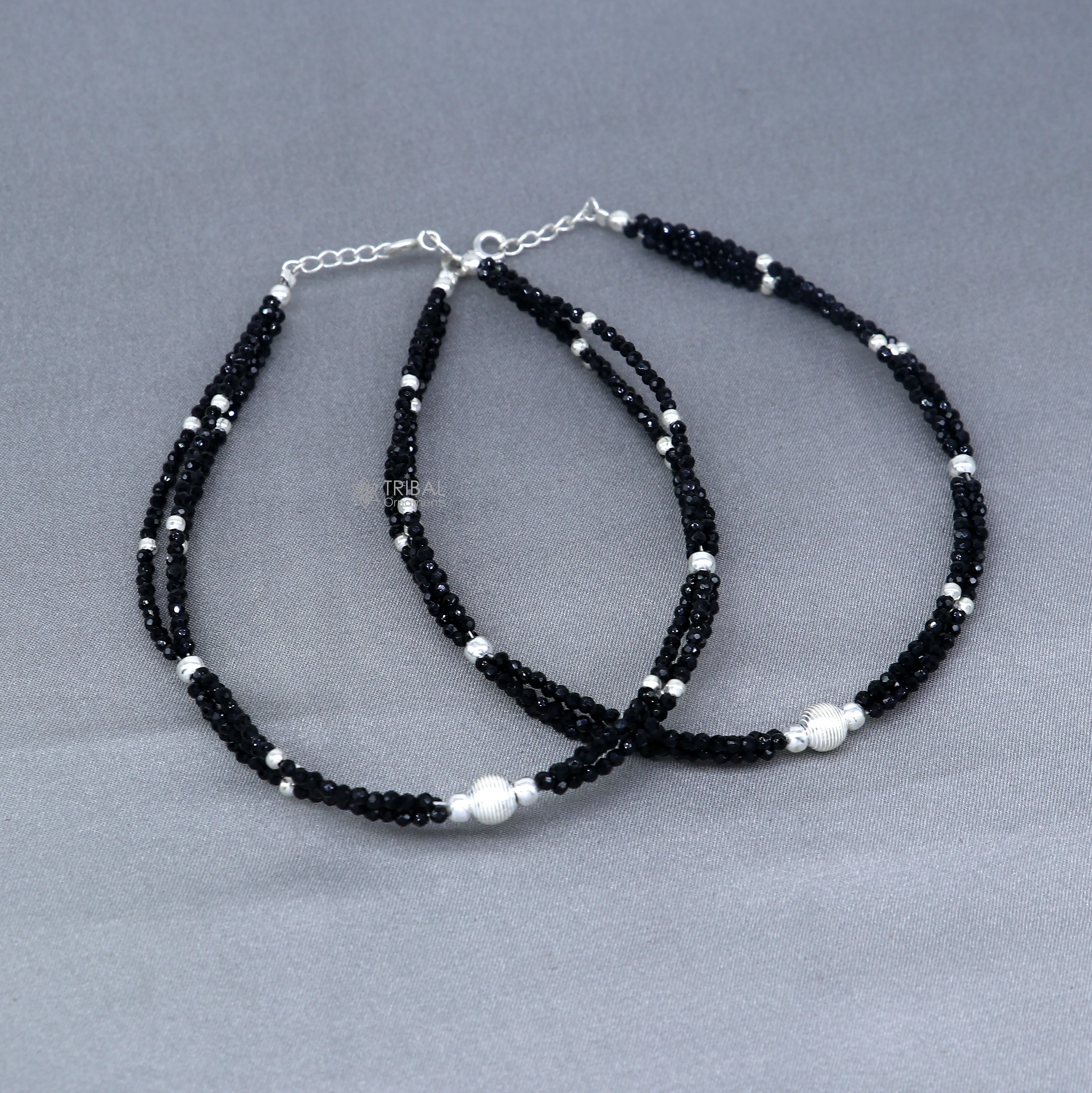 925 sterling silver double chain black beaded anklet bracelet amazing light weight delicate anklets silver jewelry ank655