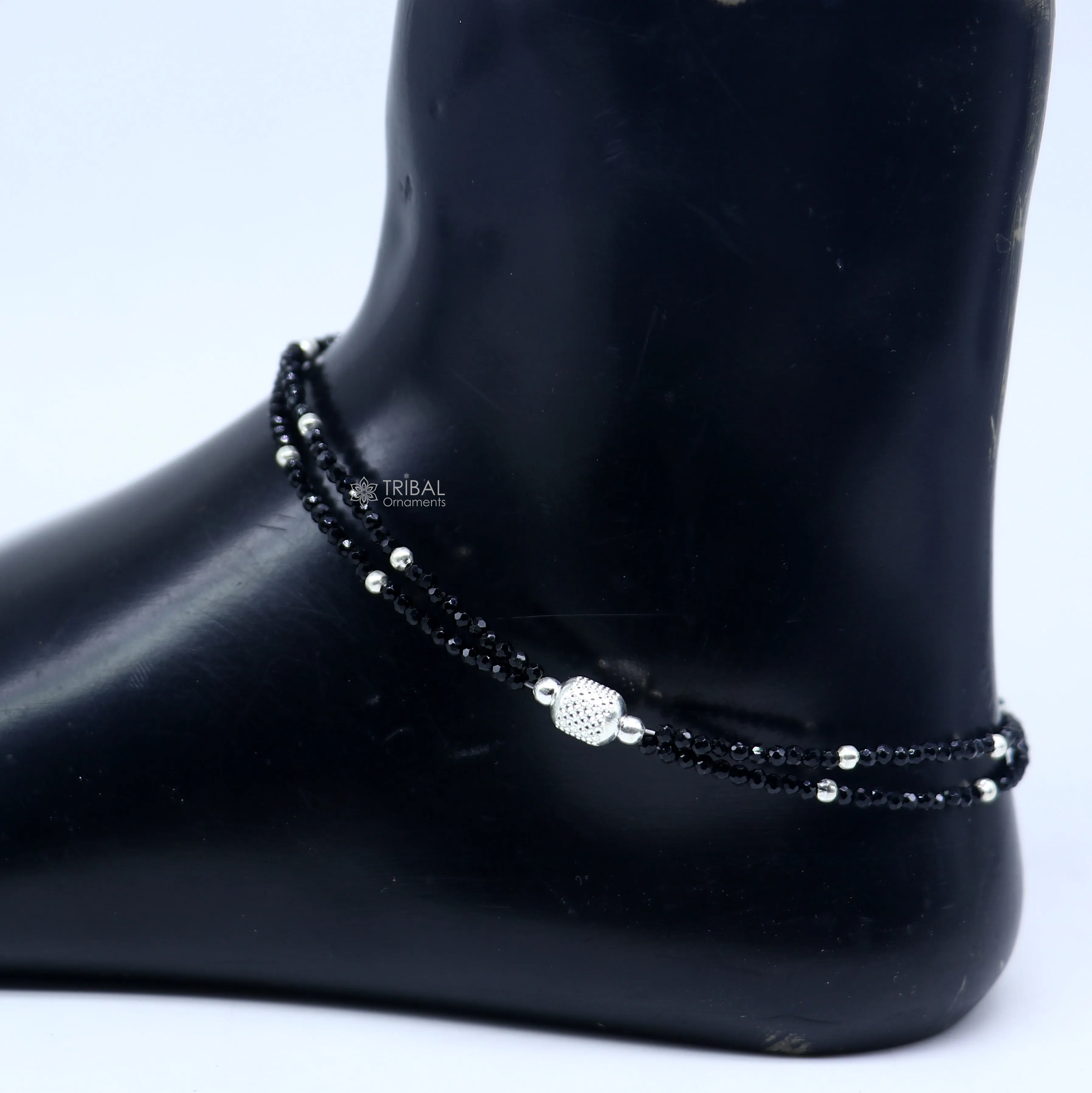925 sterling silver double chain silver and black beaded anklet bracelet amazing light weight delicate anklets silver jewelry ank658