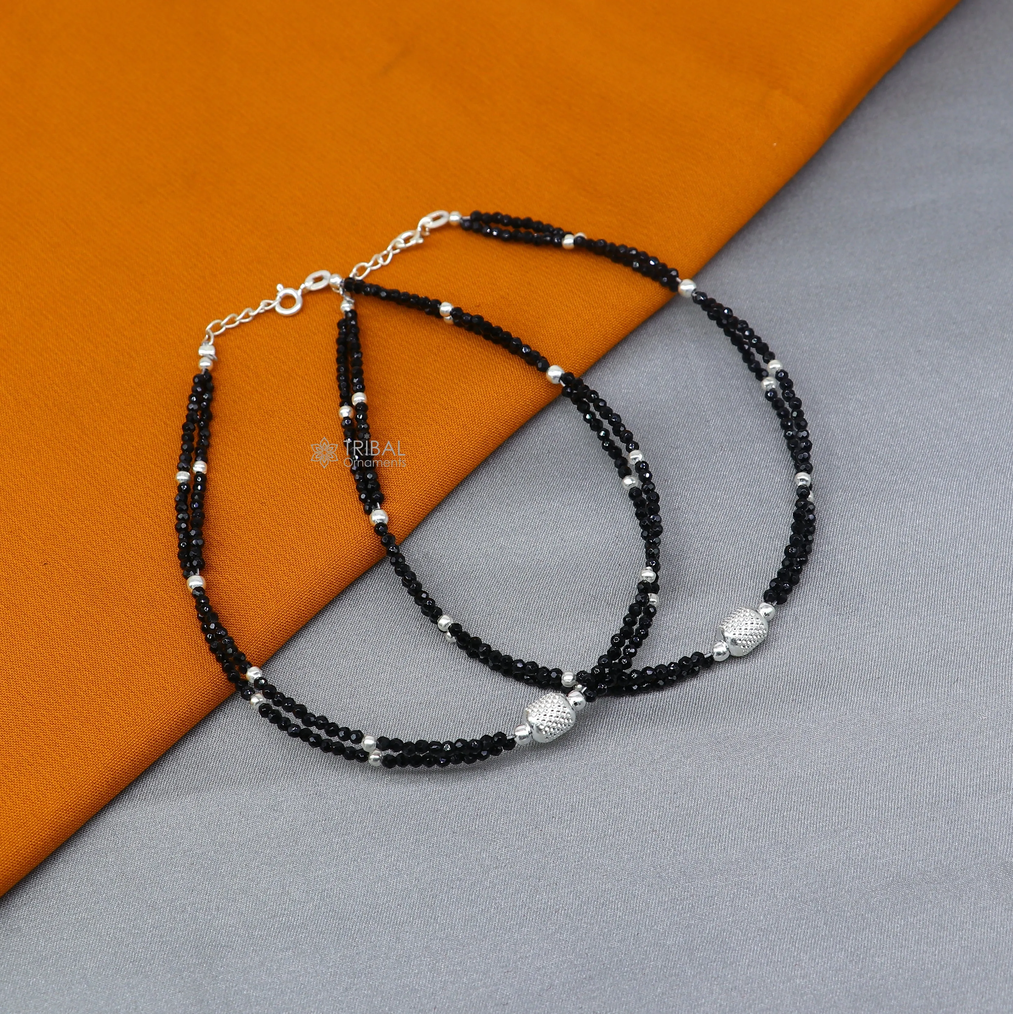 925 sterling silver double chain silver and black beaded anklet bracelet amazing light weight delicate anklets silver jewelry ank658