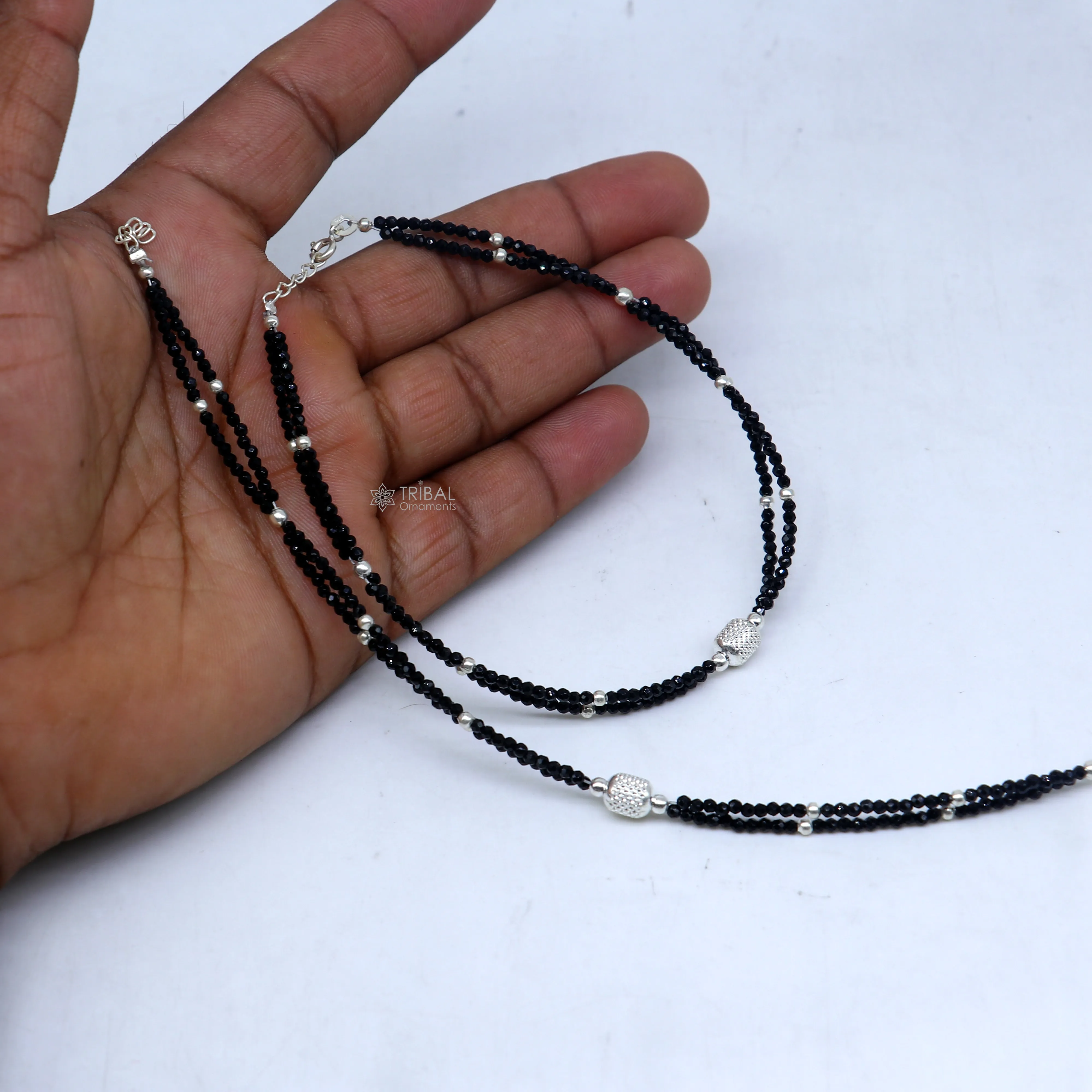 925 sterling silver double chain silver and black beaded anklet bracelet amazing light weight delicate anklets silver jewelry ank658