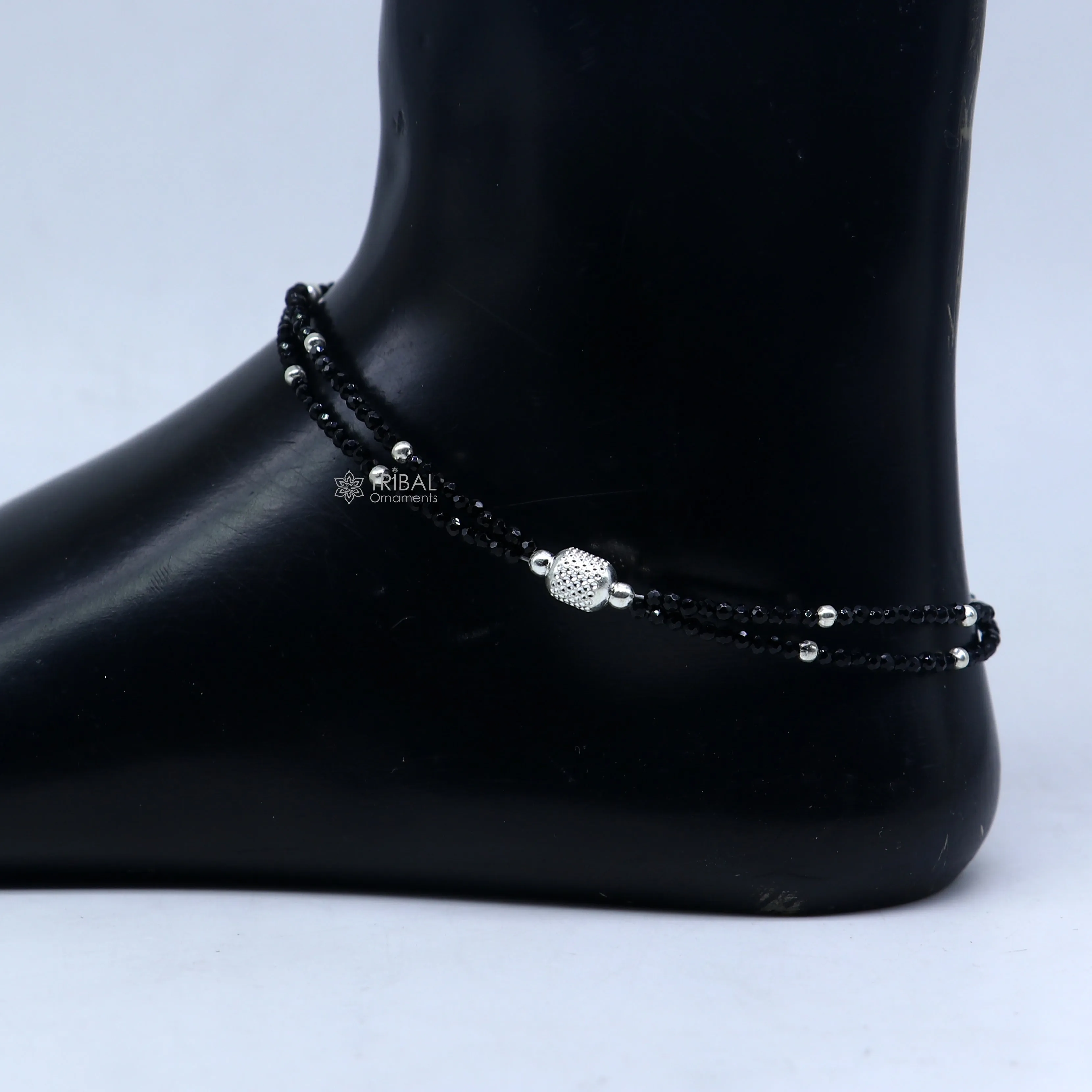 925 sterling silver double chain silver and black beaded anklet bracelet amazing light weight delicate anklets silver jewelry ank658