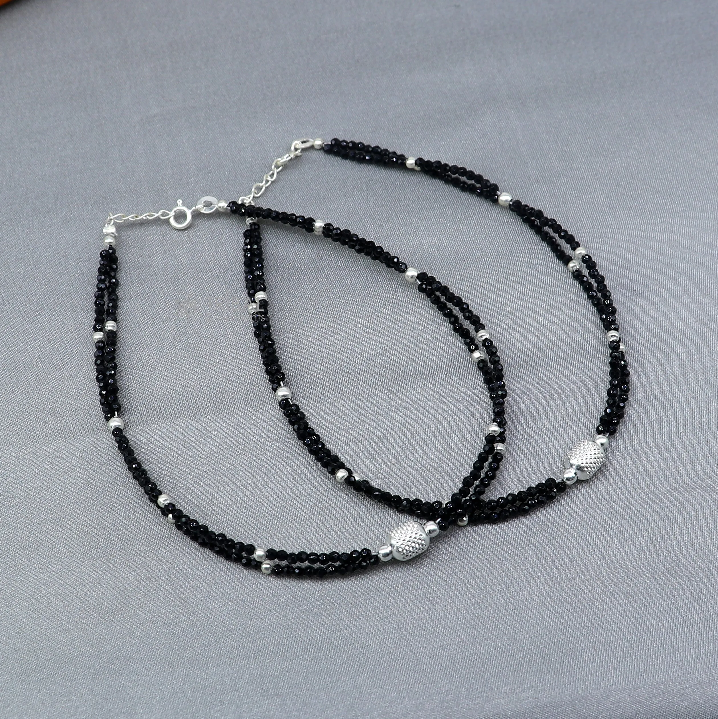 925 sterling silver double chain silver and black beaded anklet bracelet amazing light weight delicate anklets silver jewelry ank658