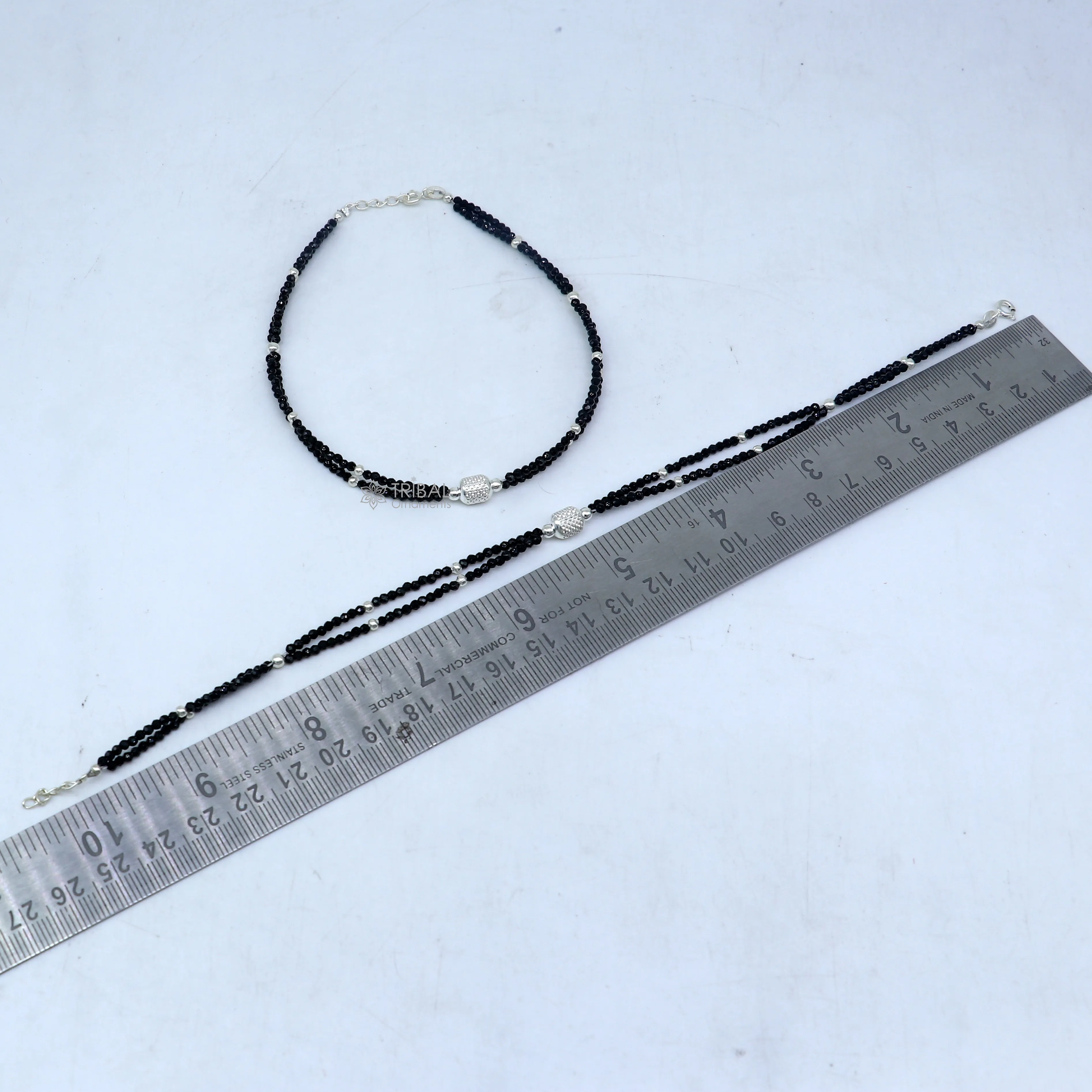 925 sterling silver double chain silver and black beaded anklet bracelet amazing light weight delicate anklets silver jewelry ank658