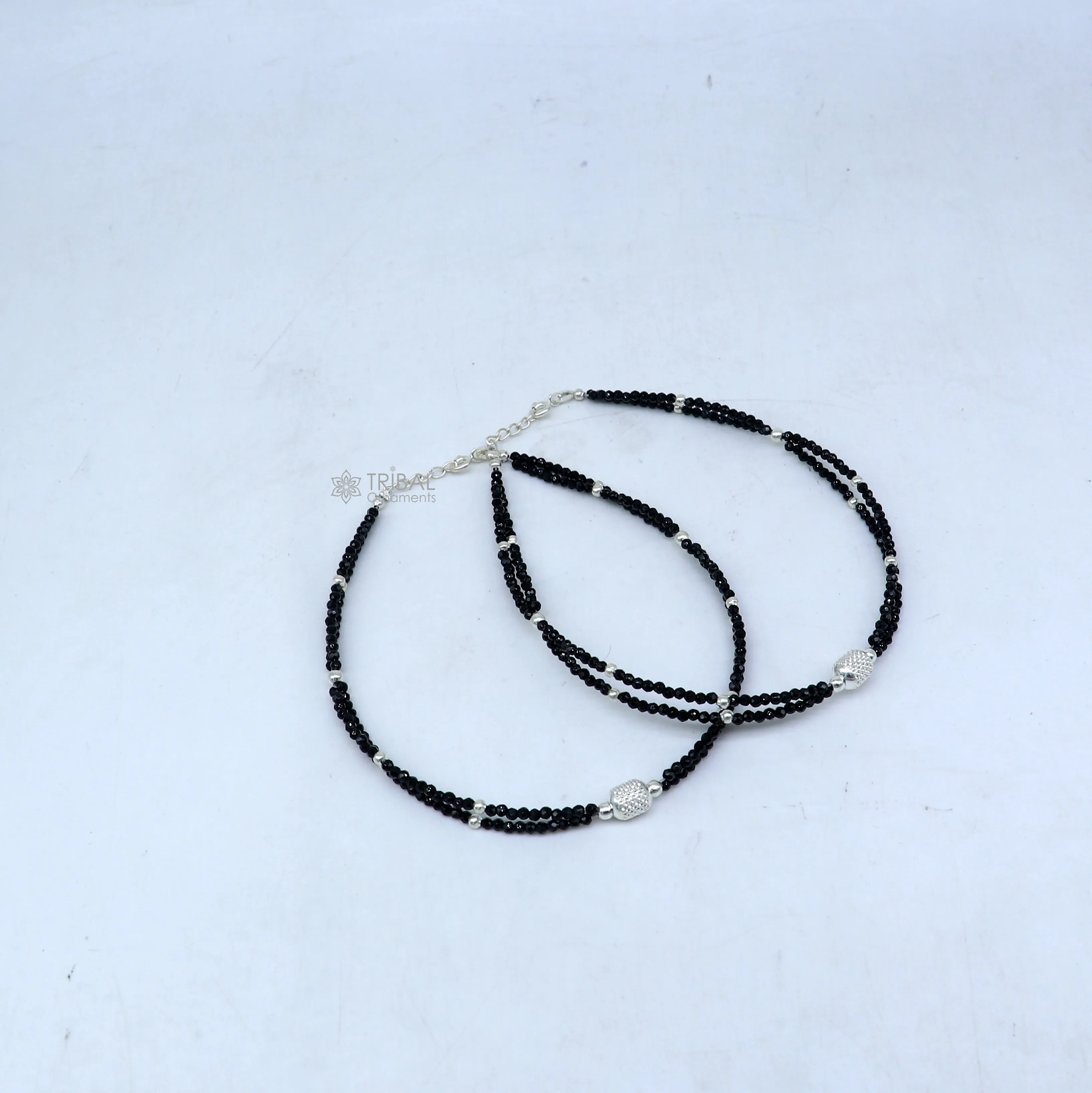 925 sterling silver double chain silver and black beaded anklet bracelet amazing light weight delicate anklets silver jewelry ank658