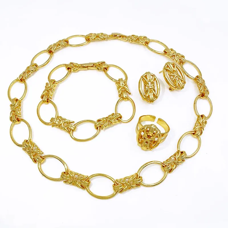 African 18k Gold Color Flower Shaped Necklace Earrings Ring Bracelet Jewelry Sets