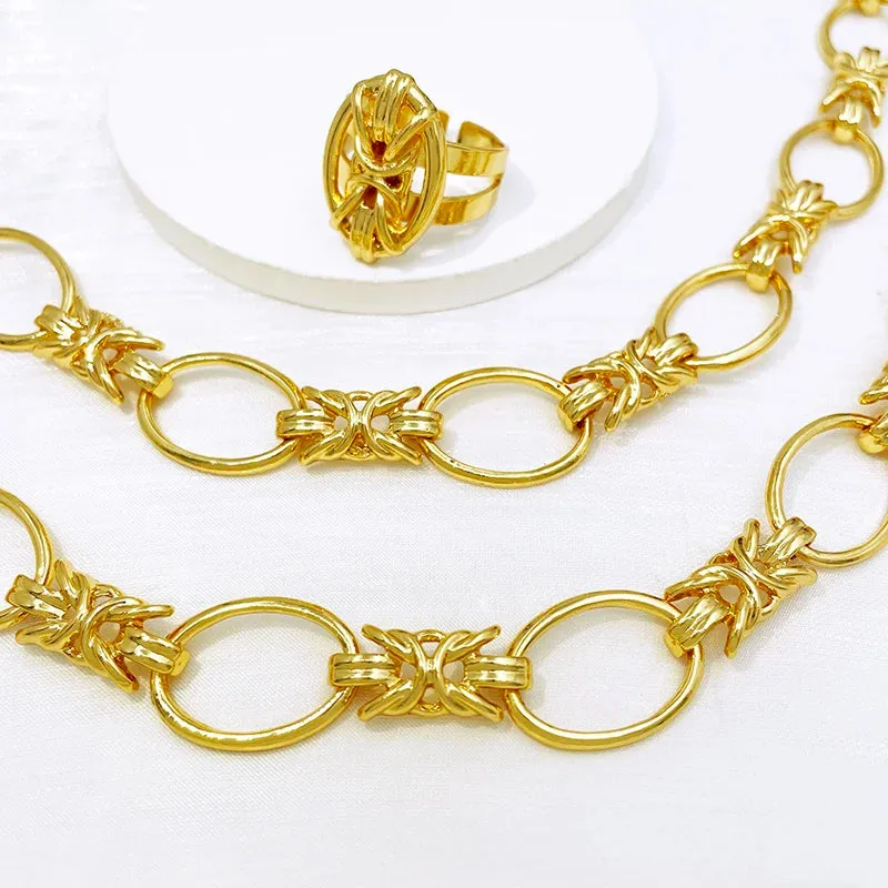 African 18k Gold Color Flower Shaped Necklace Earrings Ring Bracelet Jewelry Sets