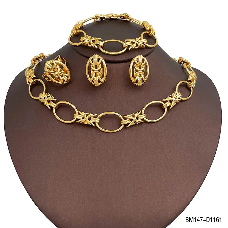 African 18k Gold Color Flower Shaped Necklace Earrings Ring Bracelet Jewelry Sets