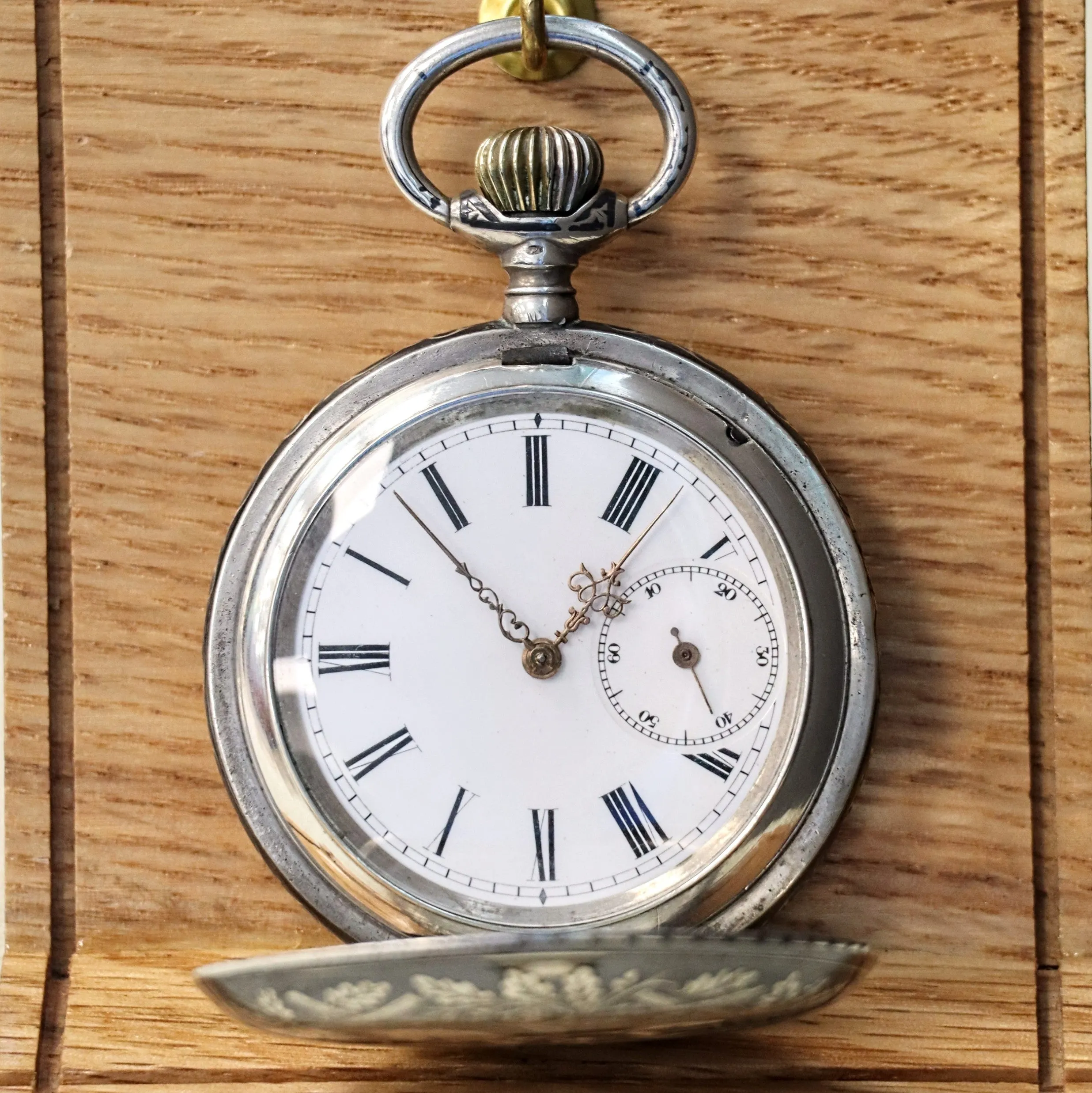 Antique 1900s Swiss Pocket Watch Lever Set Hunter Niello .800 Silver & Rose Gold Inlay Case 15 Rubis