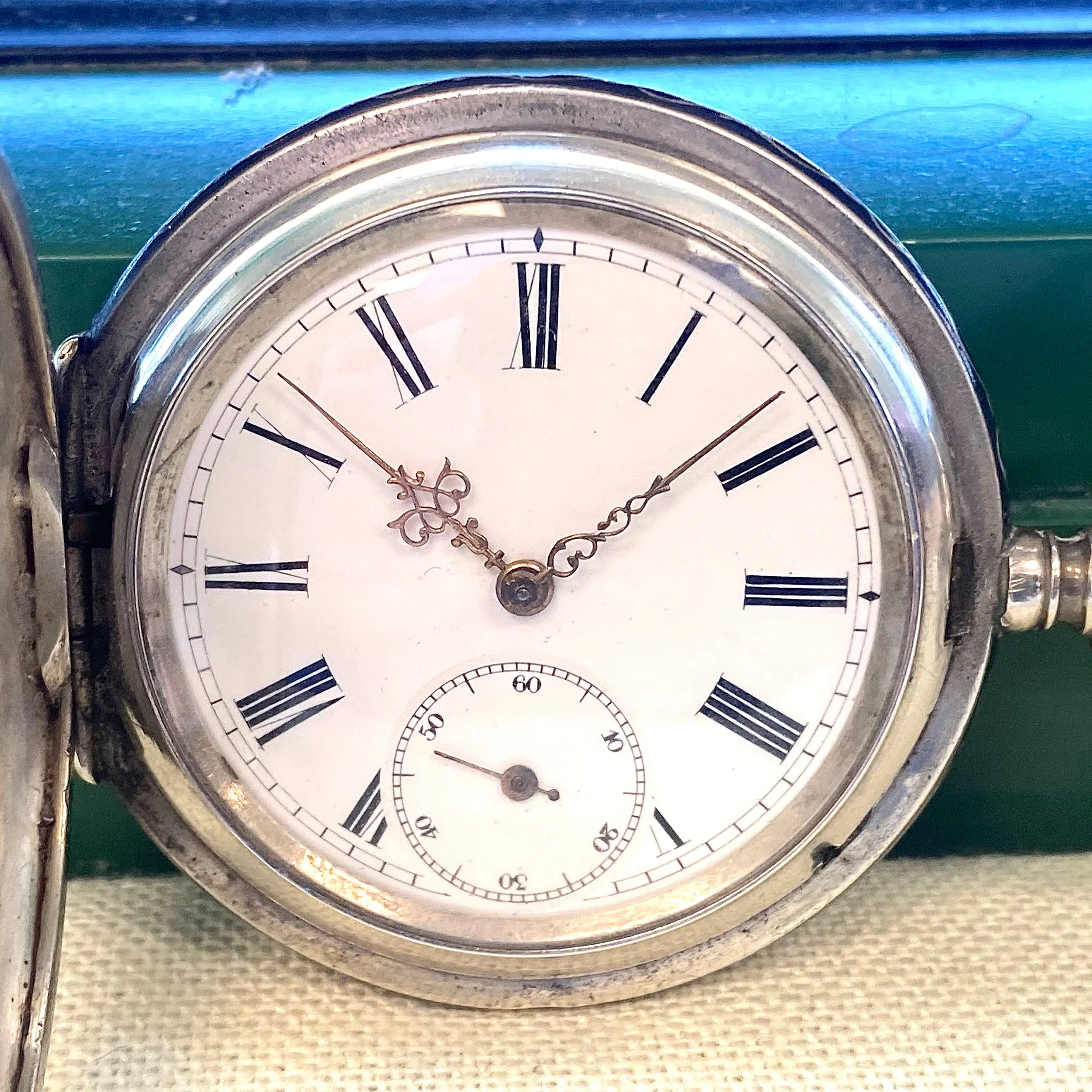 Antique 1900s Swiss Pocket Watch Lever Set Hunter Niello .800 Silver & Rose Gold Inlay Case 15 Rubis