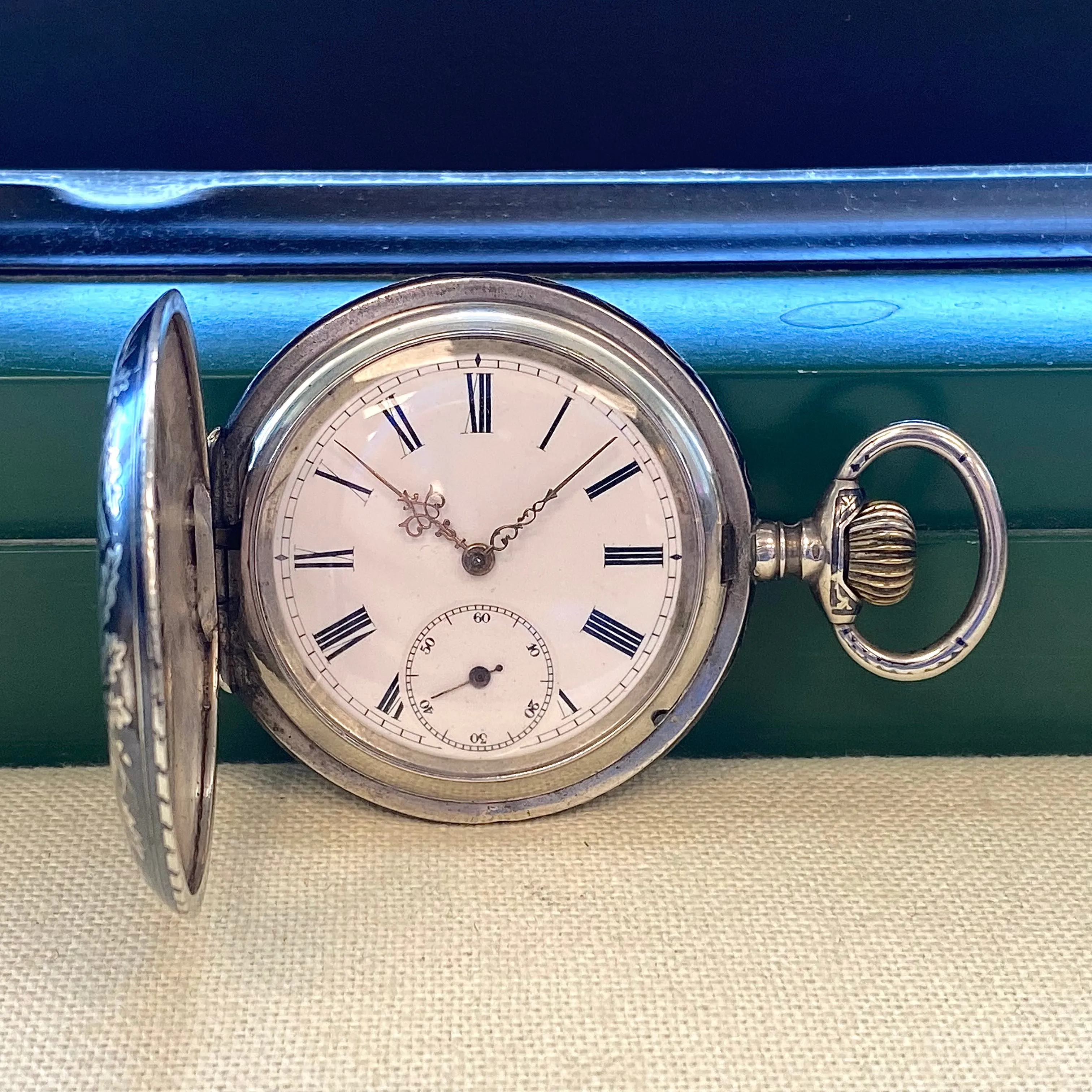 Antique 1900s Swiss Pocket Watch Lever Set Hunter Niello .800 Silver & Rose Gold Inlay Case 15 Rubis