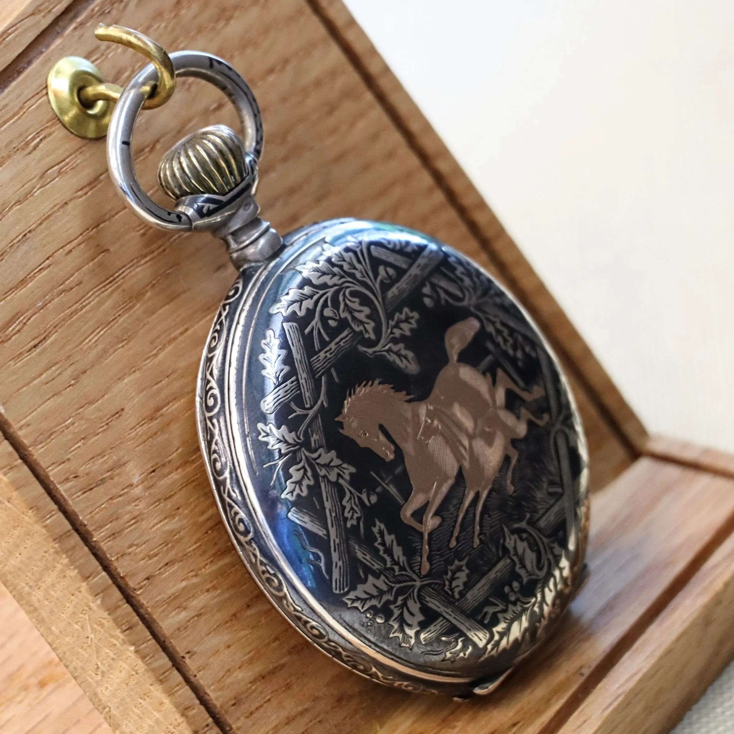 Antique 1900s Swiss Pocket Watch Lever Set Hunter Niello .800 Silver & Rose Gold Inlay Case 15 Rubis