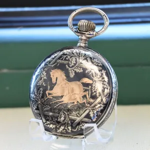 Antique 1900s Swiss Pocket Watch Lever Set Hunter Niello .800 Silver & Rose Gold Inlay Case 15 Rubis