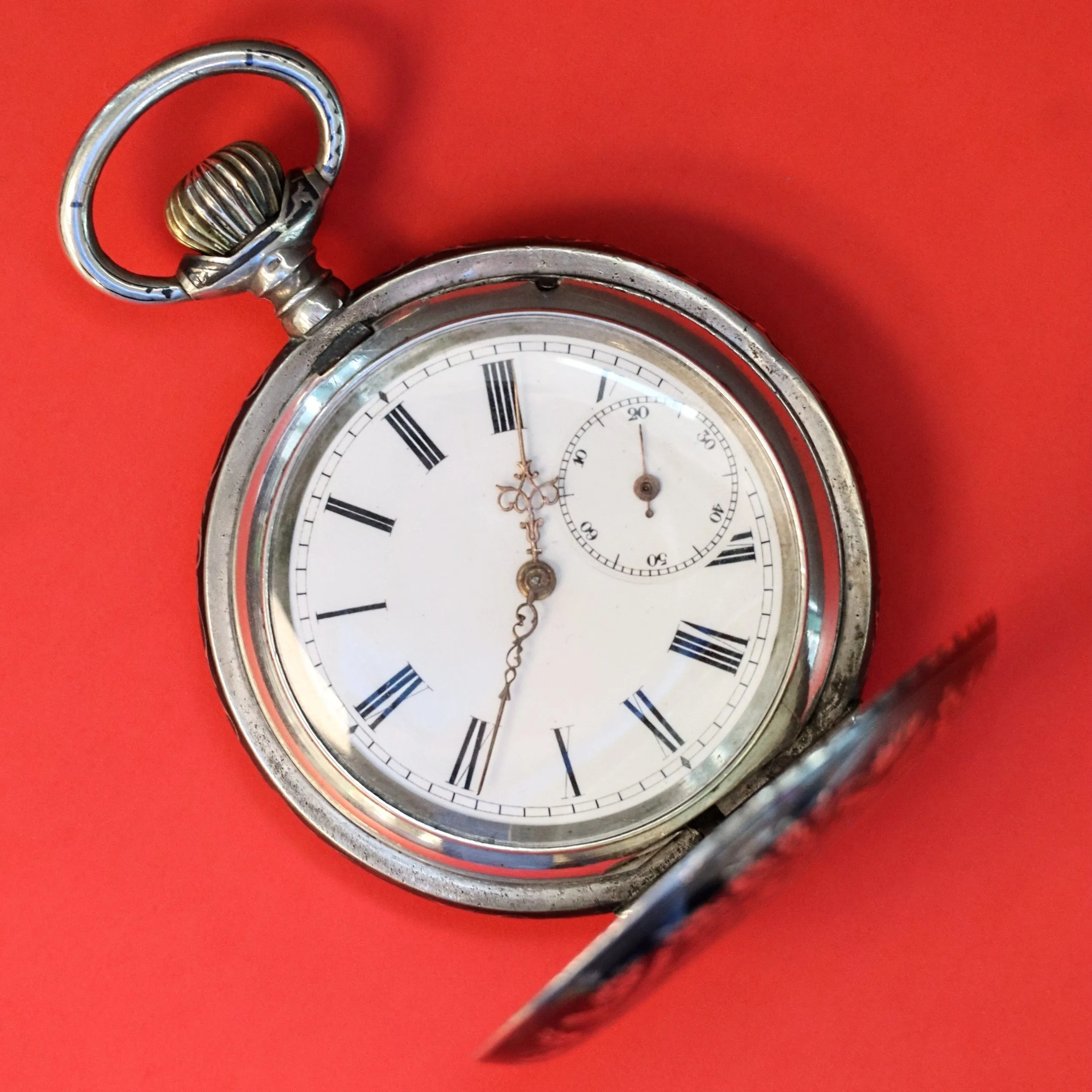 Antique 1900s Swiss Pocket Watch Lever Set Hunter Niello .800 Silver & Rose Gold Inlay Case 15 Rubis