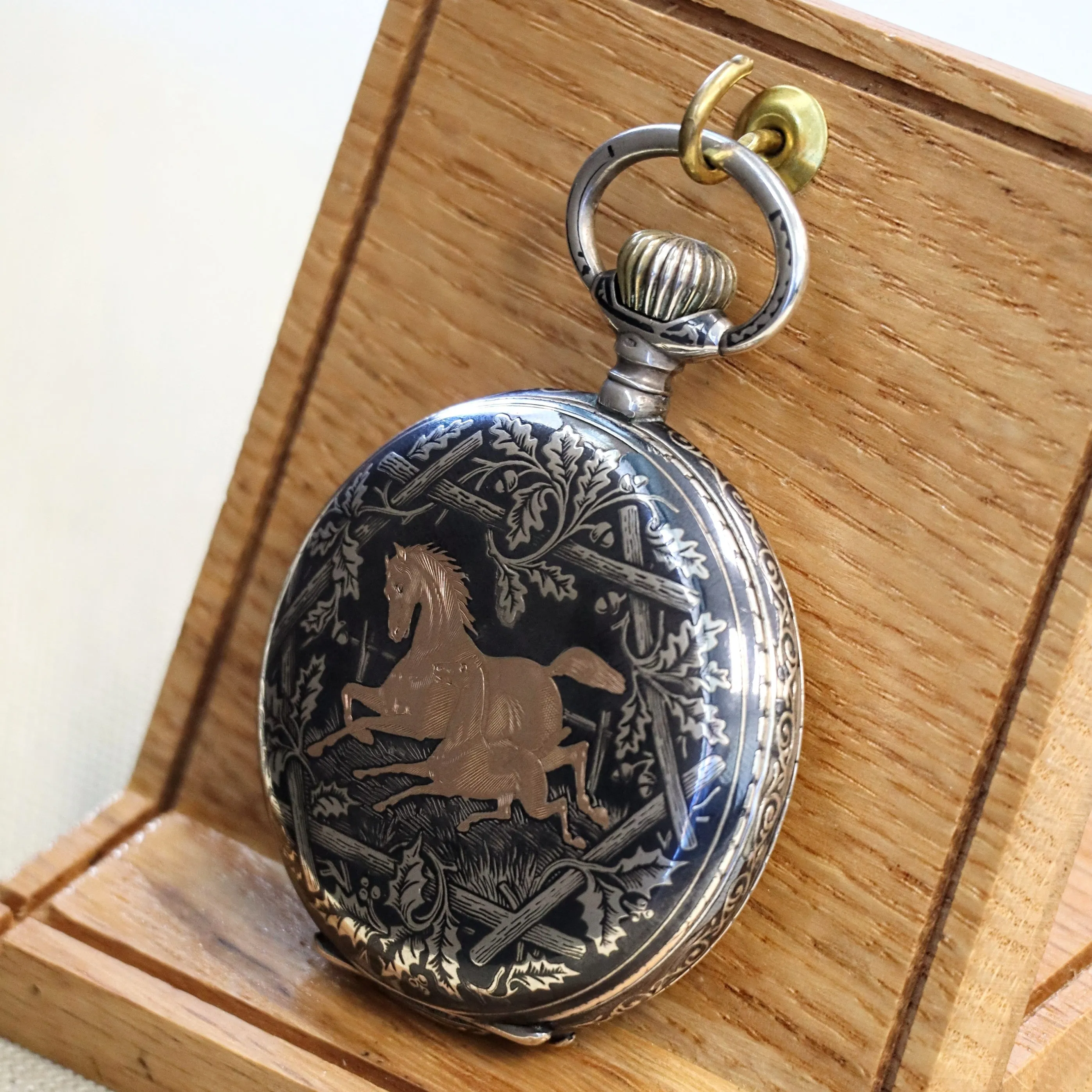 Antique 1900s Swiss Pocket Watch Lever Set Hunter Niello .800 Silver & Rose Gold Inlay Case 15 Rubis