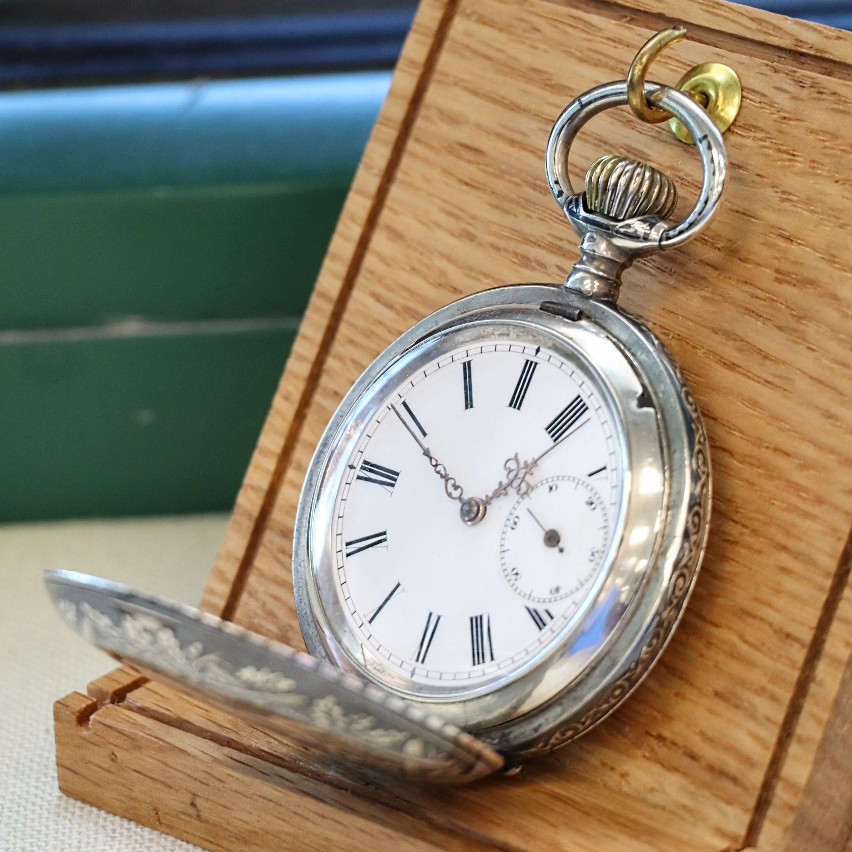 Antique 1900s Swiss Pocket Watch Lever Set Hunter Niello .800 Silver & Rose Gold Inlay Case 15 Rubis