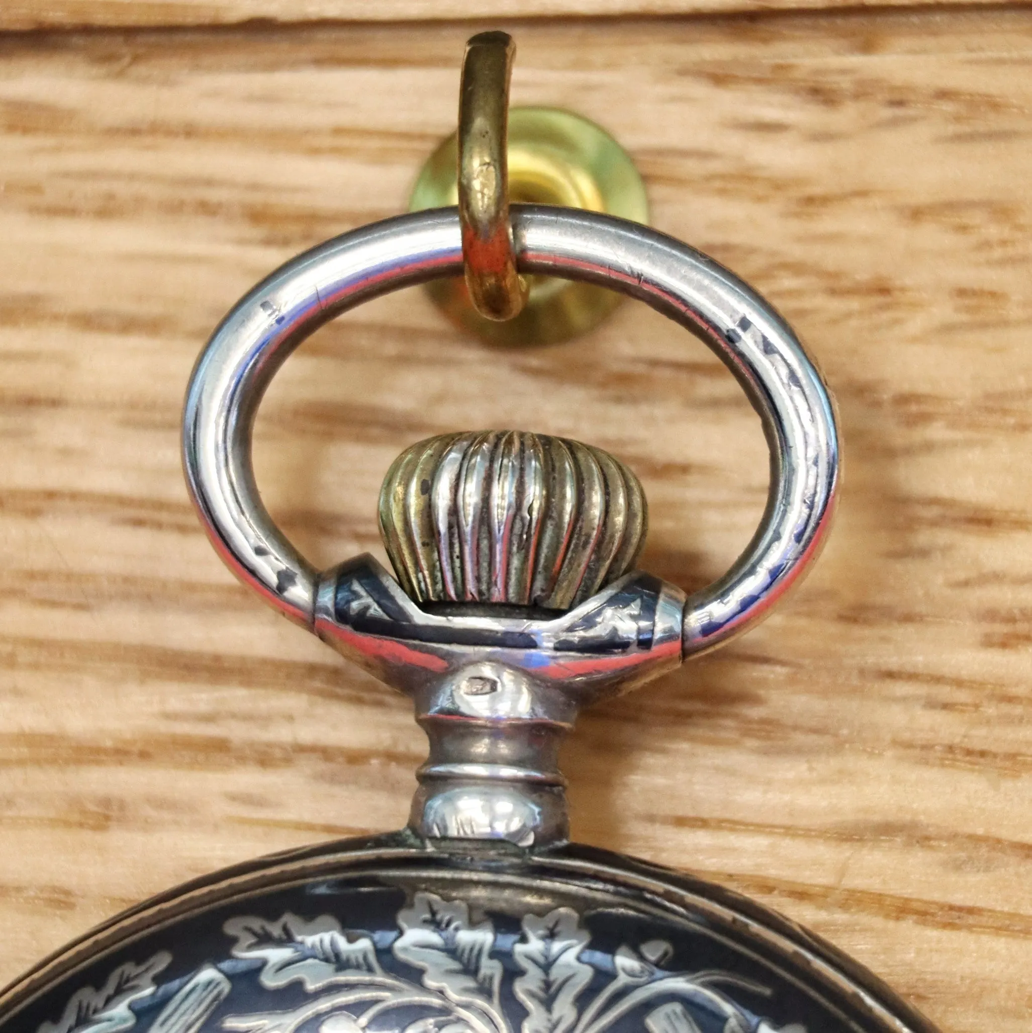 Antique 1900s Swiss Pocket Watch Lever Set Hunter Niello .800 Silver & Rose Gold Inlay Case 15 Rubis