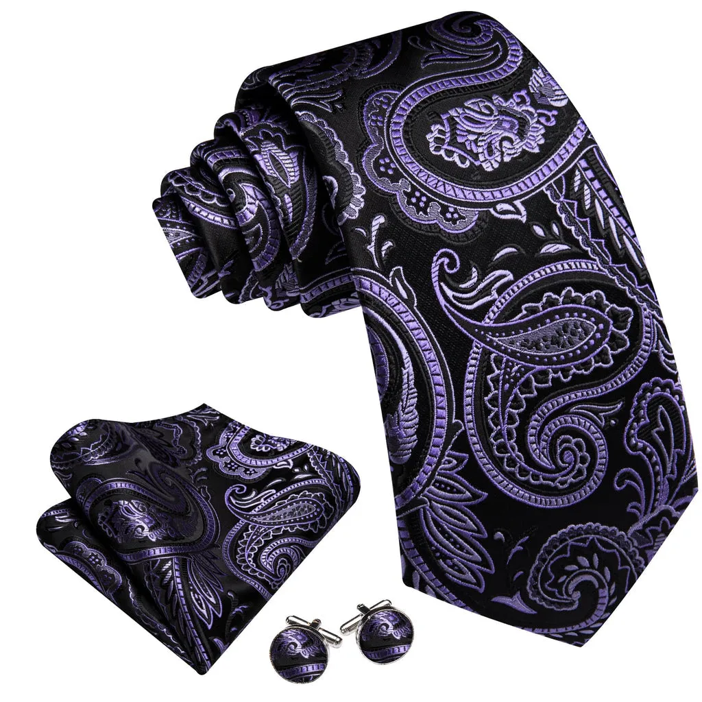 Black and Purple Orchid Floral Tie, Pocket Square, and Cufflinks Set