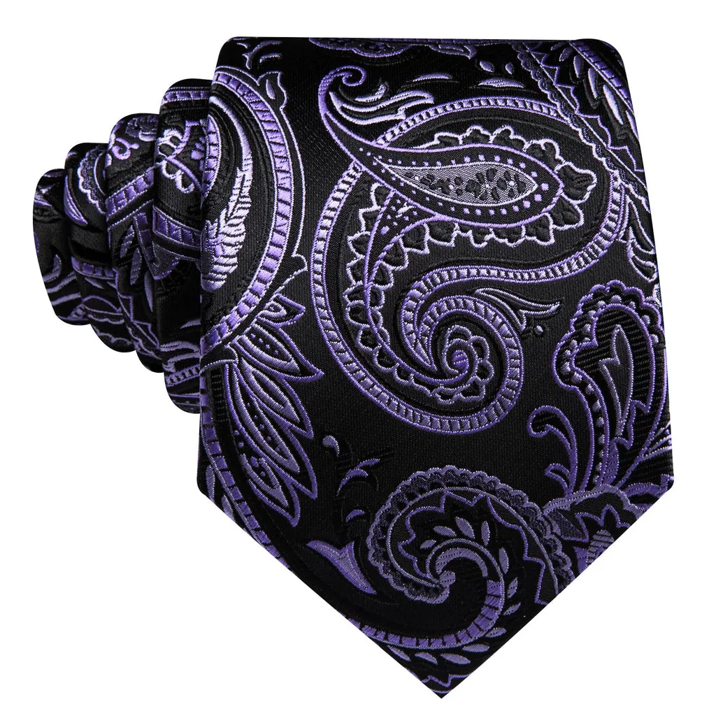 Black and Purple Orchid Floral Tie, Pocket Square, and Cufflinks Set